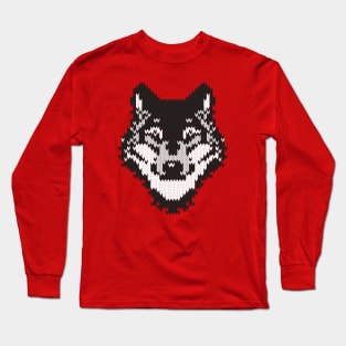 Fair isle knitting grey wolf // spot illustration // black and white wolf Long Sleeve T-Shirt